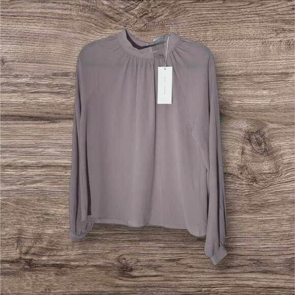 Lush Elegant Sheer Tan Minimalist Blouse Modest High Neck Puff Long Sleeves - Picture 2 of 8